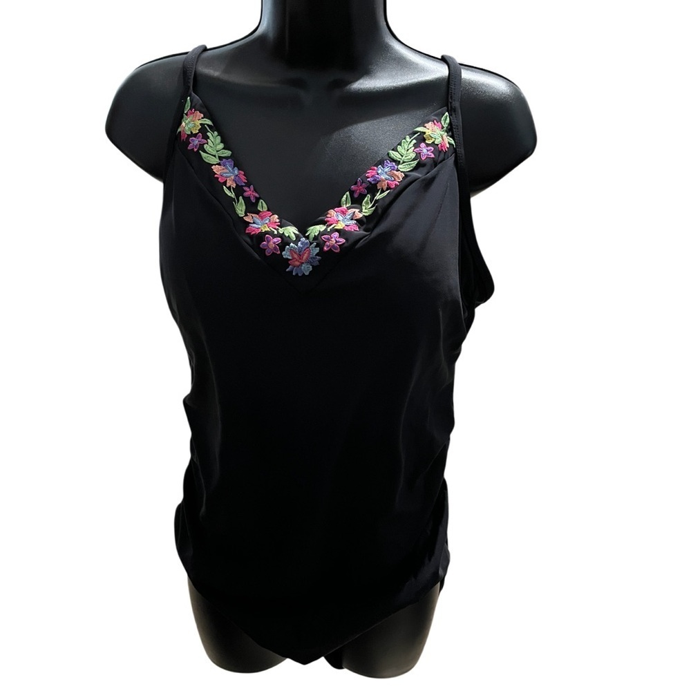 Aqua Green Embroidered Black One‎ Piece Swimsuit